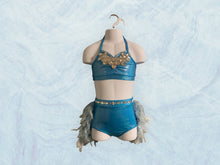Load image into Gallery viewer, Custom Dance costume, dance competition costume, handmade dance costume, blue two-piece costume with feathers