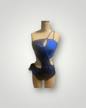 Load image into Gallery viewer, Custom Dance costume, competition, Dance costume, royal blue and black sequin lace, royal blue tricot jersey black ostrich feathers