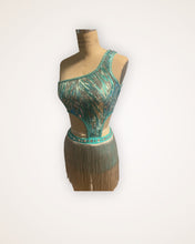 Load image into Gallery viewer, Competitive Costume Mint Green Dance Costume with asymmetrical sequin top attached to panty, silver fringe and crystals.