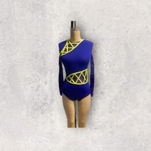 Load image into Gallery viewer, Custom Dance costume, dance competition, purple bodysuit with purple shatter glass mesh and contrast binding in neon yellow with crystals Active