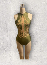 Load image into Gallery viewer, Competitive Dance costume, leotard, bodysuit, olive green with gold applique and crystals