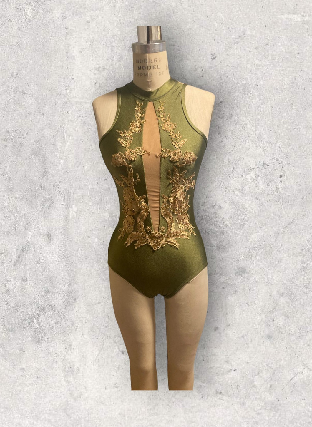 Competitive Dance costume, leotard, bodysuit, olive green with gold applique and crystals