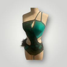 Load image into Gallery viewer, Custom Dance costume, competition, Dance costume, emerald and black sequin lace, emerald tricot jersey black ostrich feathers