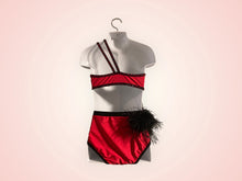 Load image into Gallery viewer, Custom Dance costume, competition, Dance costume, red and black sequin lace, red tricot jersey black ostrich feathers