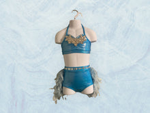 Load image into Gallery viewer, Custom Dance costume, dance competition costume, handmade dance costume, blue two-piece costume with feathers