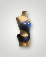 Load image into Gallery viewer, Custom Dance costume, competition, Dance costume, royal blue and black sequin lace, royal blue tricot jersey black ostrich feathers