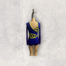 Load image into Gallery viewer, Custom Dance costume, dance competition, purple bodysuit with purple shatter glass mesh and contrast binding in neon yellow with crystals Active