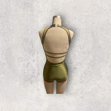 Load image into Gallery viewer, Competitive Dance costume, leotard, bodysuit, olive green with gold applique and crystals