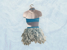Load image into Gallery viewer, Custom Dance costume, dance competition costume, handmade dance costume, blue two-piece costume with feathers