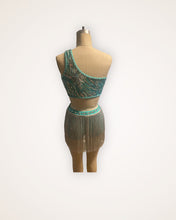 Load image into Gallery viewer, Competitive Costume Mint Green Dance Costume with asymmetrical sequin top attached to panty, silver fringe and crystals.