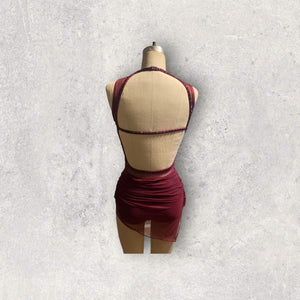 Custom Dance costume, dance competition, burgundy gathered mesh over burgundy spandex dress with appliques and crystals