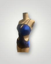 Load image into Gallery viewer, Custom Dance costume, competition, Dance costume, royal blue and black sequin lace, royal blue tricot jersey black ostrich feathers