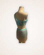 Load image into Gallery viewer, Competitive Costume Mint Green Dance Costume with asymmetrical sequin top attached to panty, silver fringe and crystals.