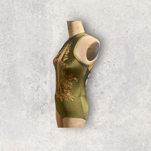 Load image into Gallery viewer, Competitive Dance costume, leotard, bodysuit, olive green with gold applique and crystals