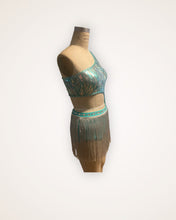 Load image into Gallery viewer, Competitive Costume Mint Green Dance Costume with asymmetrical sequin top attached to panty, silver fringe and crystals.