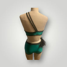 Load image into Gallery viewer, Custom Dance costume, competition, Dance costume, emerald and black sequin lace, emerald tricot jersey black ostrich feathers