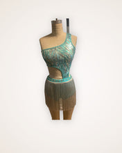 Load image into Gallery viewer, Competitive Costume Mint Green Dance Costume with asymmetrical sequin top attached to panty, silver fringe and crystals.