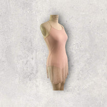 Load image into Gallery viewer, Dance costume, dance competition, light pink mesh over a light pink bodysuit with crystals along the slit hem