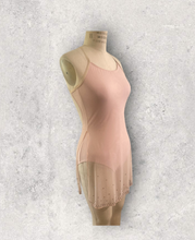 Load image into Gallery viewer, Dance costume, dance competition, light pink mesh over a light pink bodysuit with crystals along the slit hem