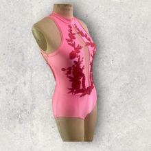 Load image into Gallery viewer, Competitive Dance costume, leotard, bodysuit, pink with red applique and crystals