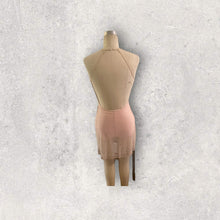 Load image into Gallery viewer, Dance costume, dance competition, light pink mesh over a light pink bodysuit with crystals along the slit hem