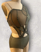 Load image into Gallery viewer, Asymmetrical neckline top and panty attached in the front with mesh cutouts, with crystals, ready to ship