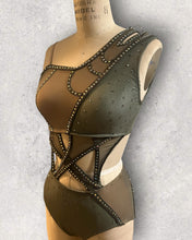 Load image into Gallery viewer, Asymmetrical neckline top and panty attached in the front with mesh cutouts, with crystals, ready to ship