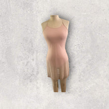 Load image into Gallery viewer, Dance costume, dance competition, light pink mesh over a light pink bodysuit with crystals along the slit hem