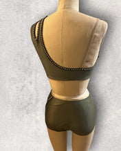 Load image into Gallery viewer, Asymmetrical neckline top and panty attached in the front with mesh cutouts, with crystals, ready to ship