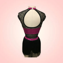 Load image into Gallery viewer, Competitive Dance costume, leotard, bodysuit, magenta sequin top and black panty and fringe, diamond mesh, made to order