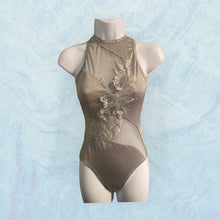 Load image into Gallery viewer, Competitive Custom Dance costume, handmade leotard with applique, competitive bodysuit with mesh cut-outs, crystals