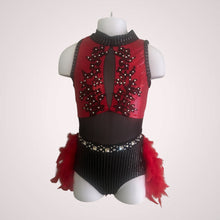 Load image into Gallery viewer, Custom Dance costume, dance competition costume, handmade dance costume, red and black one piece costume with feathers made to order