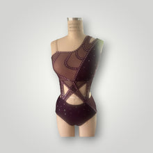 Load image into Gallery viewer, Asymmetrical neckline top and panty attached in the front with mesh cutouts, with crystals, ready to ship