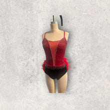 Load image into Gallery viewer, Custom Dance costume, dance competition, red velvet with silver and black glitter, black panty, ombre fringe, red ostrich feathers, crystals