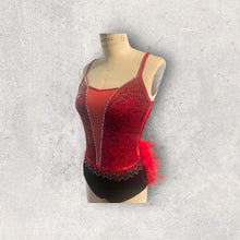 Load image into Gallery viewer, Custom Dance costume, dance competition, red velvet with silver and black glitter, black panty, ombre fringe, red ostrich feathers, crystals