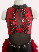 Load image into Gallery viewer, Custom Dance costume, dance competition costume, handmade dance costume, red and black one piece costume with feathers made to order