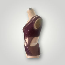 Load image into Gallery viewer, Asymmetrical neckline top and panty attached in the front with mesh cutouts, with crystals, ready to ship