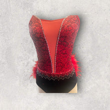 Load image into Gallery viewer, Custom Dance costume, dance competition, red velvet with silver and black glitter, black panty, ombre fringe, red ostrich feathers, crystals