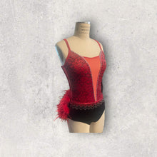 Load image into Gallery viewer, Custom Dance costume, dance competition, red velvet with silver and black glitter, black panty, ombre fringe, red ostrich feathers, crystals