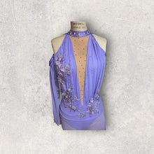 Load image into Gallery viewer, Custom Dance costume, dance competition, lavender mesh over lavender spandex dress with appliques and crystals