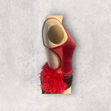 Load image into Gallery viewer, Custom Dance costume, dance competition, red velvet with silver and black glitter, black panty, ombre fringe, red ostrich feathers, crystals