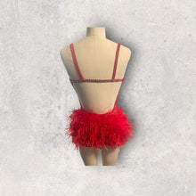 Load image into Gallery viewer, Custom Dance costume, dance competition, red velvet with silver and black glitter, black panty, ombre fringe, red ostrich feathers, crystals