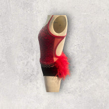 Load image into Gallery viewer, Custom Dance costume, dance competition, red velvet with silver and black glitter, black panty, ombre fringe, red ostrich feathers, crystals