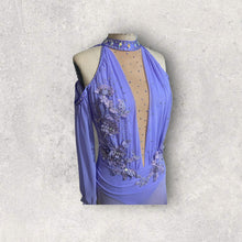 Load image into Gallery viewer, Custom Dance costume, dance competition, lavender mesh over lavender spandex dress with appliques and crystals