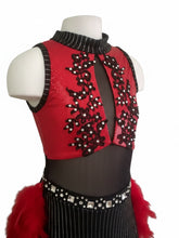 Load image into Gallery viewer, Custom Dance costume, dance competition costume, handmade dance costume, red and black one piece costume with feathers made to order