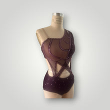 Load image into Gallery viewer, Asymmetrical neckline top and panty attached in the front with mesh cutouts, with crystals, ready to ship