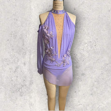 Load image into Gallery viewer, Custom Dance costume, dance competition, lavender mesh over lavender spandex dress with appliques and crystals