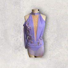 Load image into Gallery viewer, Custom Dance costume, dance competition, lavender mesh over lavender spandex dress with appliques and crystals