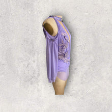 Load image into Gallery viewer, Custom Dance costume, dance competition, lavender mesh over lavender spandex dress with appliques and crystals