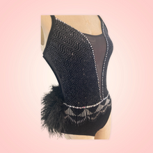 Load image into Gallery viewer, Custom Dance costume, dance competition, black velvet with silver glitter, ombre fringe, feathers